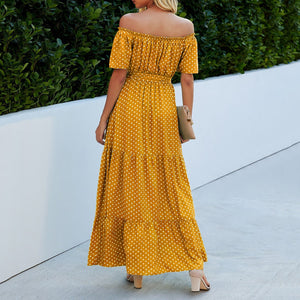 Off Shoulder Polk Dot Printed Maxi Dress