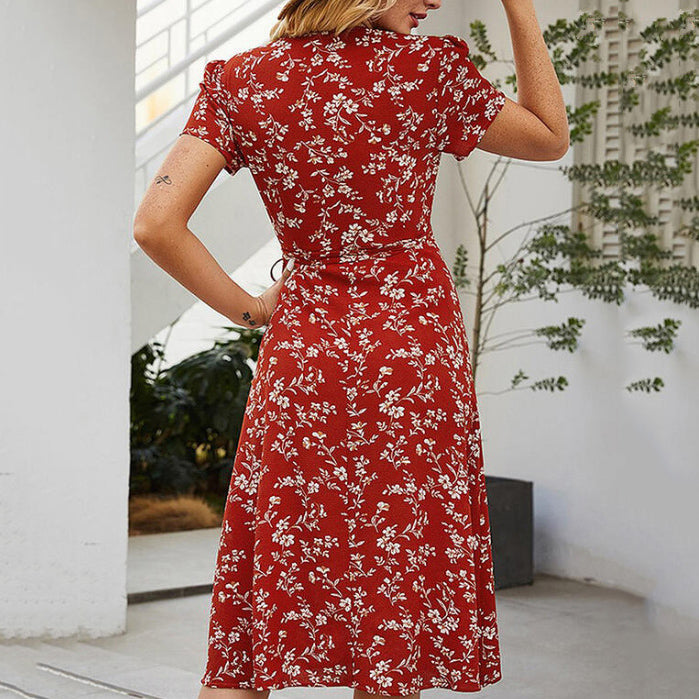 Printed V Neck Short Sleeved Split Maxi Dress