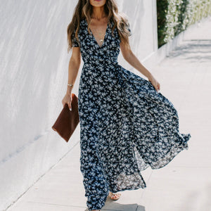 Printed V Neck Short Sleeved Split Maxi Dress