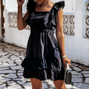 Solid Color Ruffle Stitching Sleeveless Mini Dress