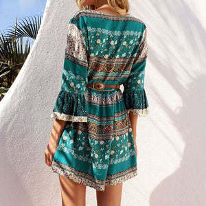 Bohemian Print Lace Up Dress