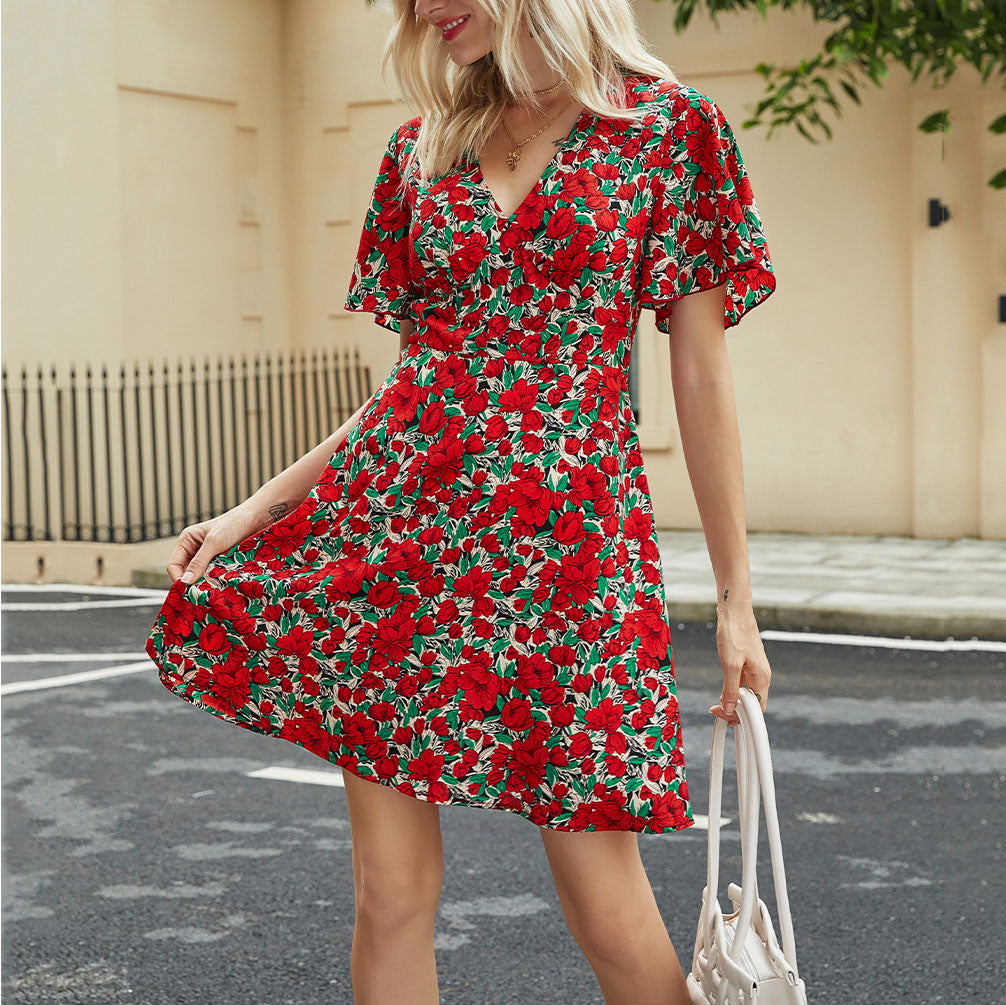 Floral Printed V-Neck Short Sleeve Mini Dress