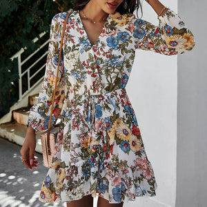 V-Neck Long Sleeve Chiffon Print Dress