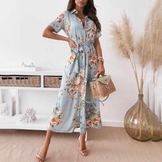 Elegant Floral Printed Lapel Maxi Dress