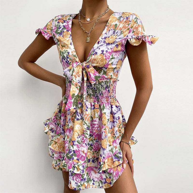 Floral Printed V-Neck Ruffle Mini Dress