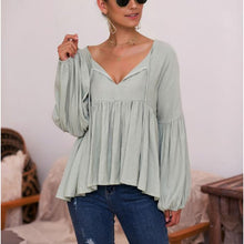 Load image into Gallery viewer, Puff Sleeve Solid Color V-neck Top
