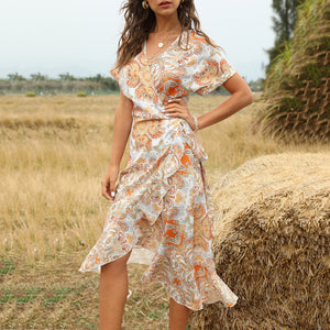 Elegant V-Neck Lace Up Irregular Maxi Dress
