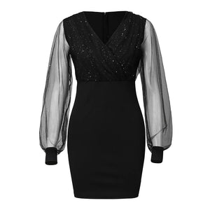 Mesh V-Neck Sequined Slim Bodycon Dress