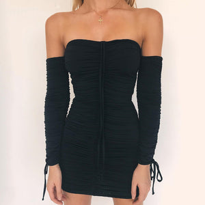 Off Shoulder Long Sleeve Sexy Pleated Bodycon Dress