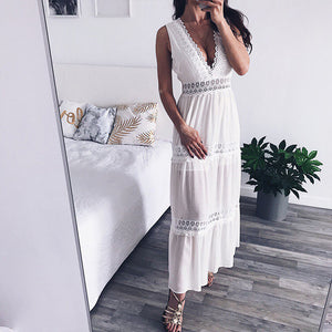 V-Neck Lace Backless Maxi Dress