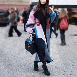 Fashion Color Block Lapel Print Coat