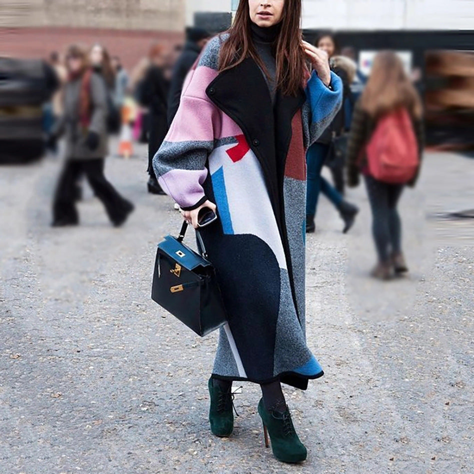 Fashion Color Block Lapel Print Coat