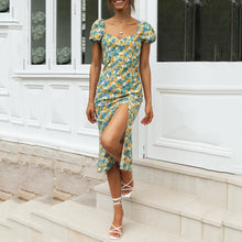 Load image into Gallery viewer, Square Neck Short Sleeve Side Slit Floral Print Dress
