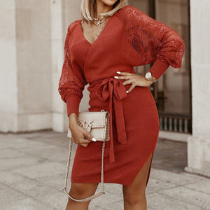 Elegant V-Neck Lace Knitted Dress