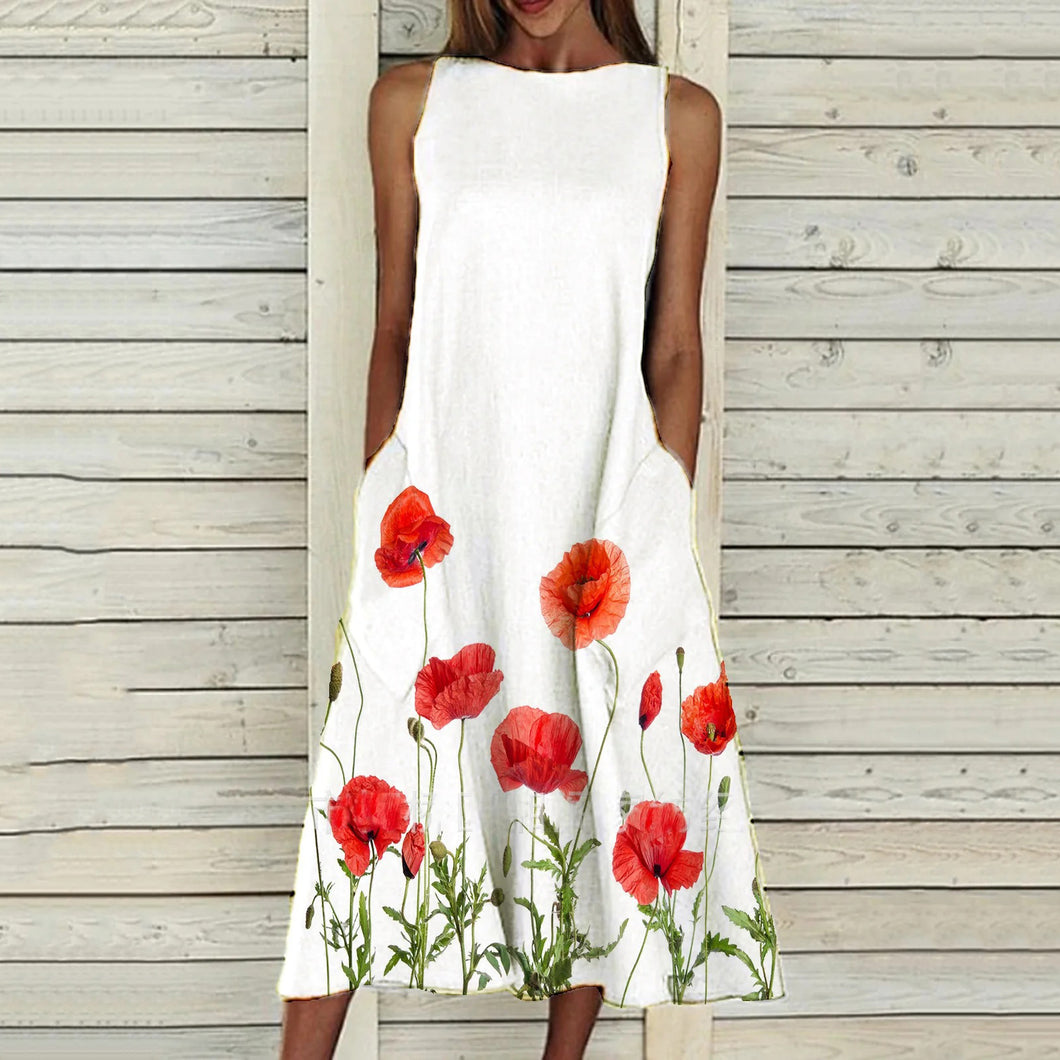 Sleeveless Round Neck Floarl Printed Dress