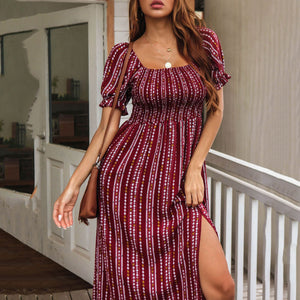 Square Neck Printed Puff Sleeve Maxi Dress