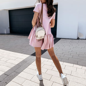 Solid Color Short-Sleeved Round Neck Ruffle Mini Dress