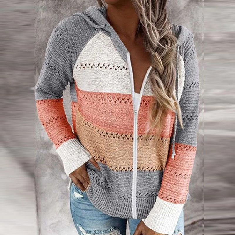 Colorful Striped Zipper Hooded Sweater