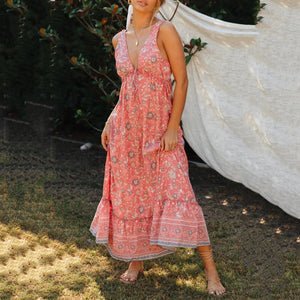 Sexy V-Neck Floarl Printed Boho Style Maxi Dress