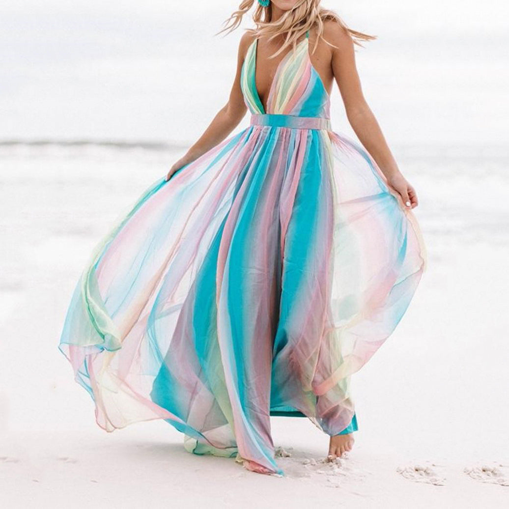 Fashion V-Neck Rainbow Mesh Sling Maxi Dress