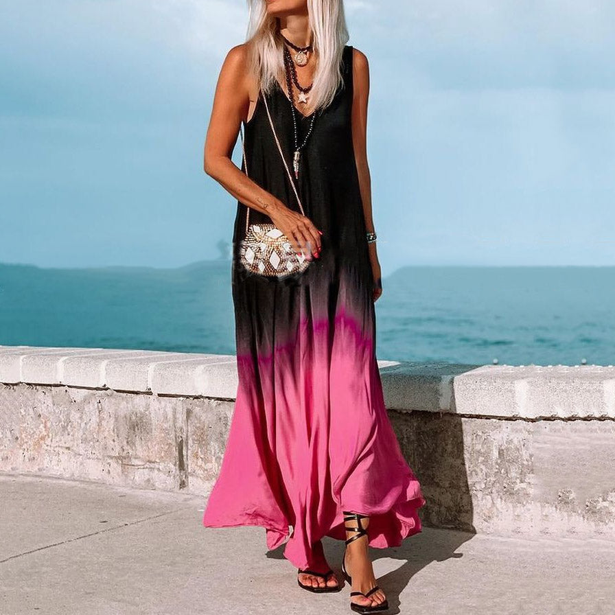 Gradient Color V-Neck Maxi Dress