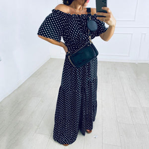 Off Shoulder Polk Dot Printed Maxi Dress