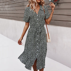 V-Neck Printed Short-Sleeved Dress