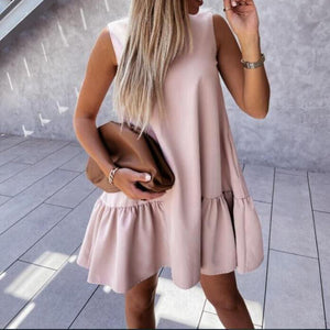 Solid Color Round Neck A-line Mini Dress