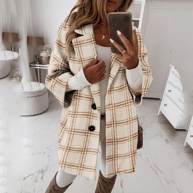 Check Print Seven Point Sleeve Woolen Coat