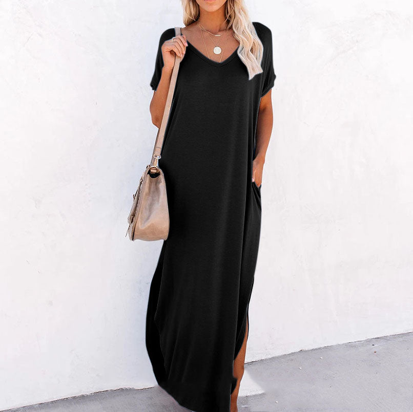 V-Neck Pocket Slit Dress