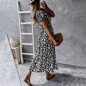 V Neck Floarl Printed Sexy Maxi Dress