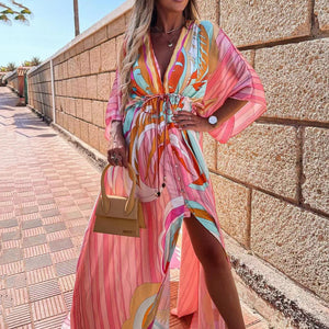 Elegant V-Neck Boho Style Vacation Maxi Dress