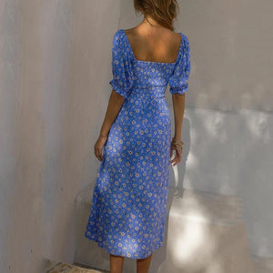 Short Sleeve Printed Pullover Square Neck Maxi Dress