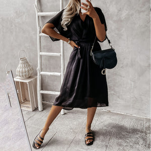 Solid Color V-Neck Lace Up Dress