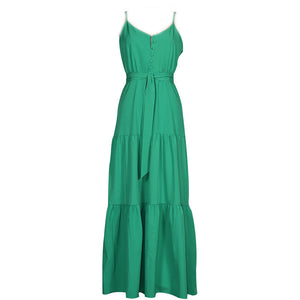 V-Neck Button Stitching Sling Maxi Dress