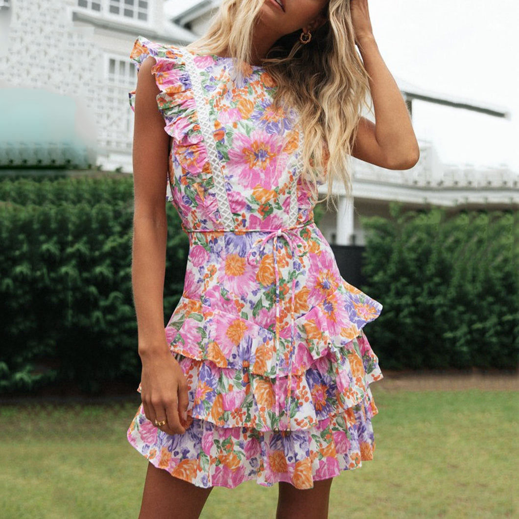 Floarl Printed Round Neck Halter Dress