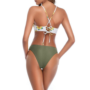 Cute Flower Printed Backless Bikini