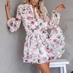 Lace-Up Button Floral Printed Dress