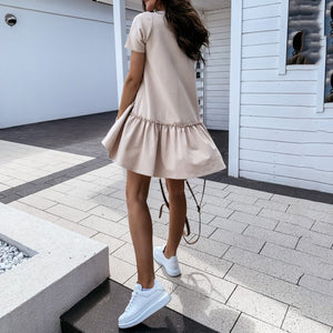 Solid Color Short-Sleeved Round Neck Ruffle Mini Dress