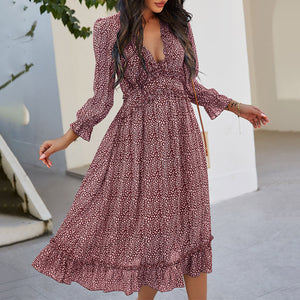 V-Neck Simple Print Maxi Dress