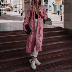 Casual Solid Color Hooded Knit Long Cardigan