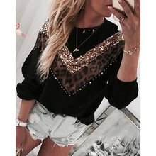 Load image into Gallery viewer, Sequined Leopard Stitching Long-Sleeved Round Neck Tops
