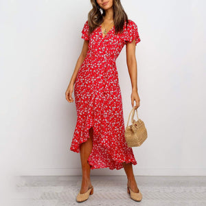 V-Neck Floarl Printed Hem Slit Dress