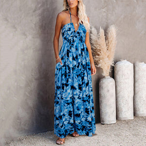Elegant Printed V-Neck Halter Maxi Dress