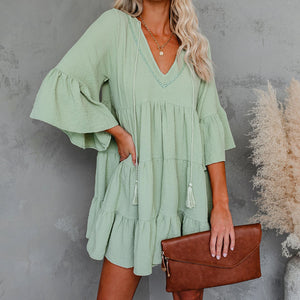 V-Neck Lace Up Ruffle Dress