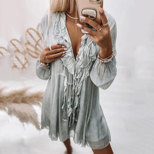 V-Neck Lapel Long Sleeve Mini Dress