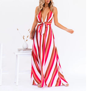 Sexy Deep V-Neck Stripe Printed Maxi Dress