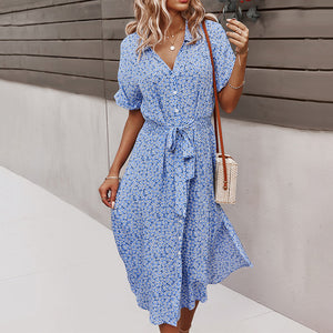 V-Neck Printed Short-Sleeved Dress