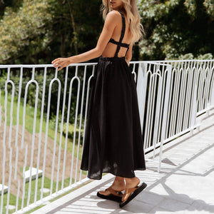 Solid Color Backless Cotton And Linen Dress