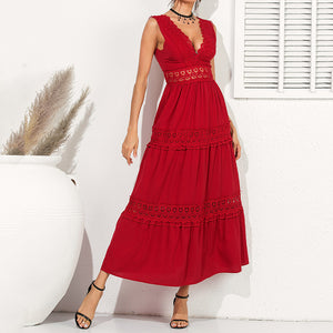 V-Neck Lace Backless Maxi Dress